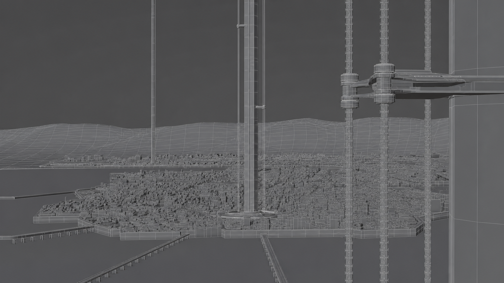 Argona Space Elevator scene shown as an unrendered clay and wireframe 3D viewport
